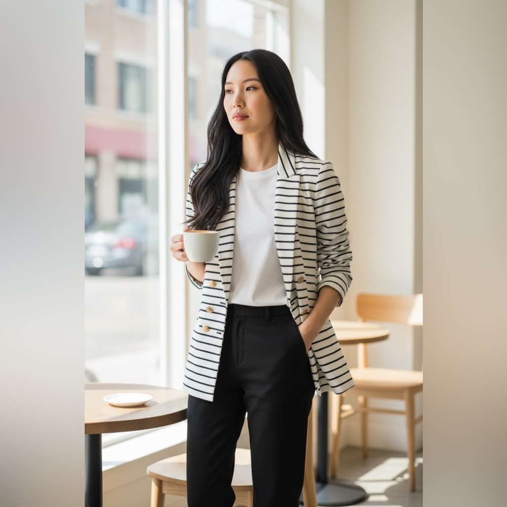 H&M Women's Black and White Striped Classy Blazer Button Detail Size 4 Career